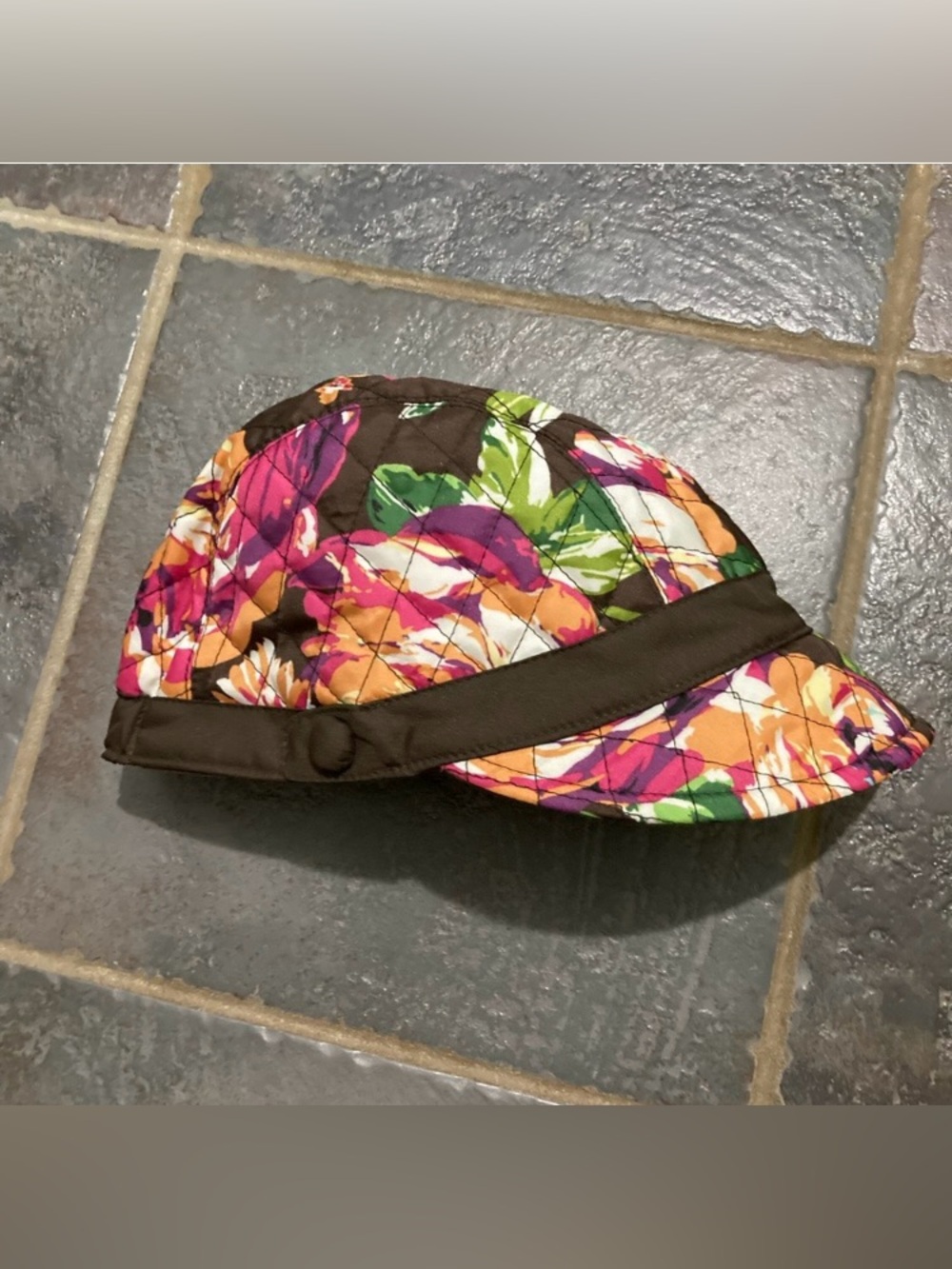 Vera Bradley Quilted Reversible Floral Newsgirl Cap in Brown, Pink, Orange
